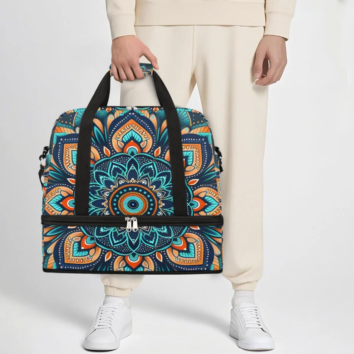 Sports Gym Bag Creative Mandala Blue Large Travel Duffel Bag With Shoe Compartment Foldable Waterproof Carry-On Weekend Travel Bags for Camping Overnight Yoga Hospital Travel Bags