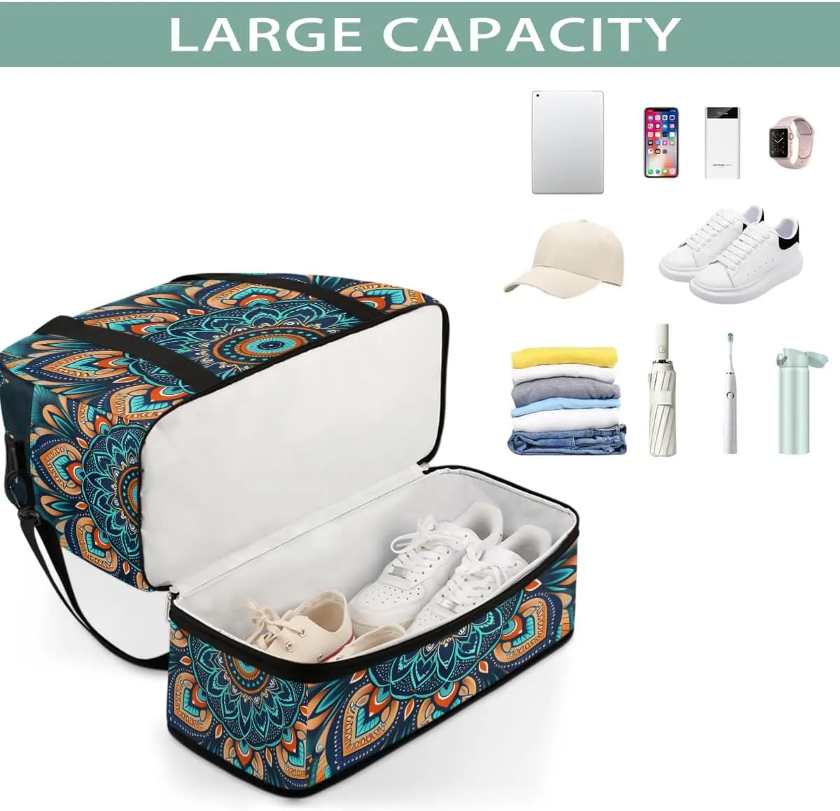 Sports Gym Bag Creative Mandala Blue Large Travel Duffel Bag With Shoe Compartment Foldable Waterproof Carry-On Weekend Travel Bags for Camping Overnight Yoga Hospital Travel Bags
