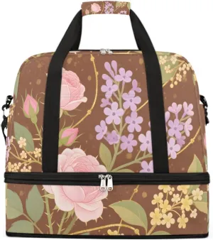 Sports Gym Bag Ethnic Style Rose Flat Lay Large Travel Duffel Bag With Shoe Compartment Foldable Waterproof Carry-On Weekend Travel Bags for Camping Overnight Yoga Hospital Travel Bags