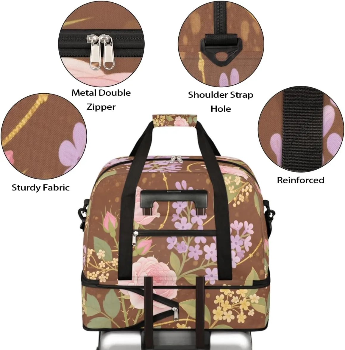 Sports Gym Bag Ethnic Style Rose Flat Lay Large Travel Duffel Bag With Shoe Compartment Foldable Waterproof Carry-On Weekend Travel Bags for Camping Overnight Yoga Hospital Travel Bags