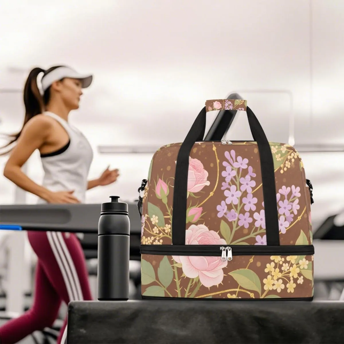 Sports Gym Bag Ethnic Style Rose Flat Lay Large Travel Duffel Bag With Shoe Compartment Foldable Waterproof Carry-On Weekend Travel Bags for Camping Overnight Yoga Hospital Travel Bags