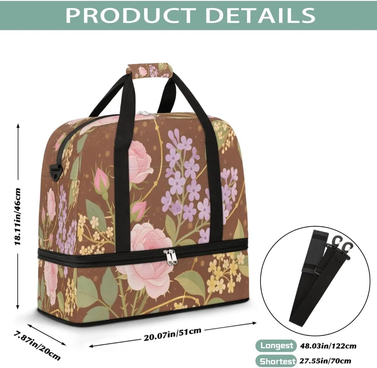 Sports Gym Bag Ethnic Style Rose Flat Lay Large Travel Duffel Bag With Shoe Compartment Foldable Waterproof Carry-On Weekend Travel Bags for Camping Overnight Yoga Hospital Travel Bags