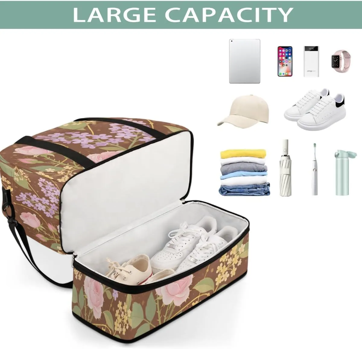 Sports Gym Bag Ethnic Style Rose Flat Lay Large Travel Duffel Bag With Shoe Compartment Foldable Waterproof Carry-On Weekend Travel Bags for Camping Overnight Yoga Hospital Travel Bags