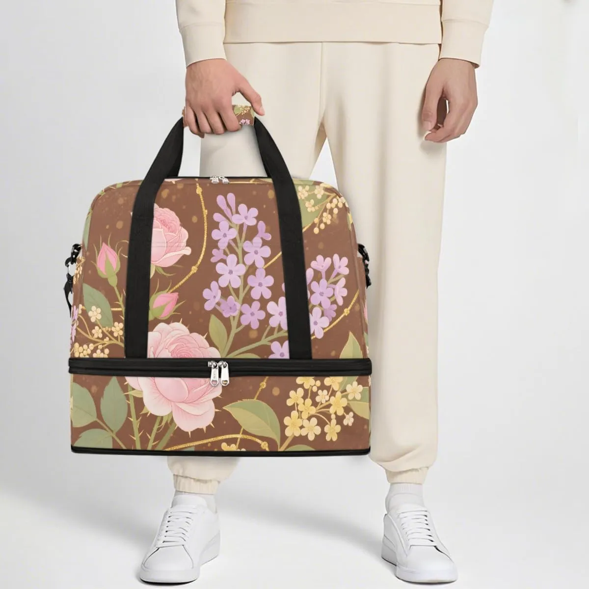 Sports Gym Bag Ethnic Style Rose Flat Lay Large Travel Duffel Bag With Shoe Compartment Foldable Waterproof Carry-On Weekend Travel Bags for Camping Overnight Yoga Hospital Travel Bags