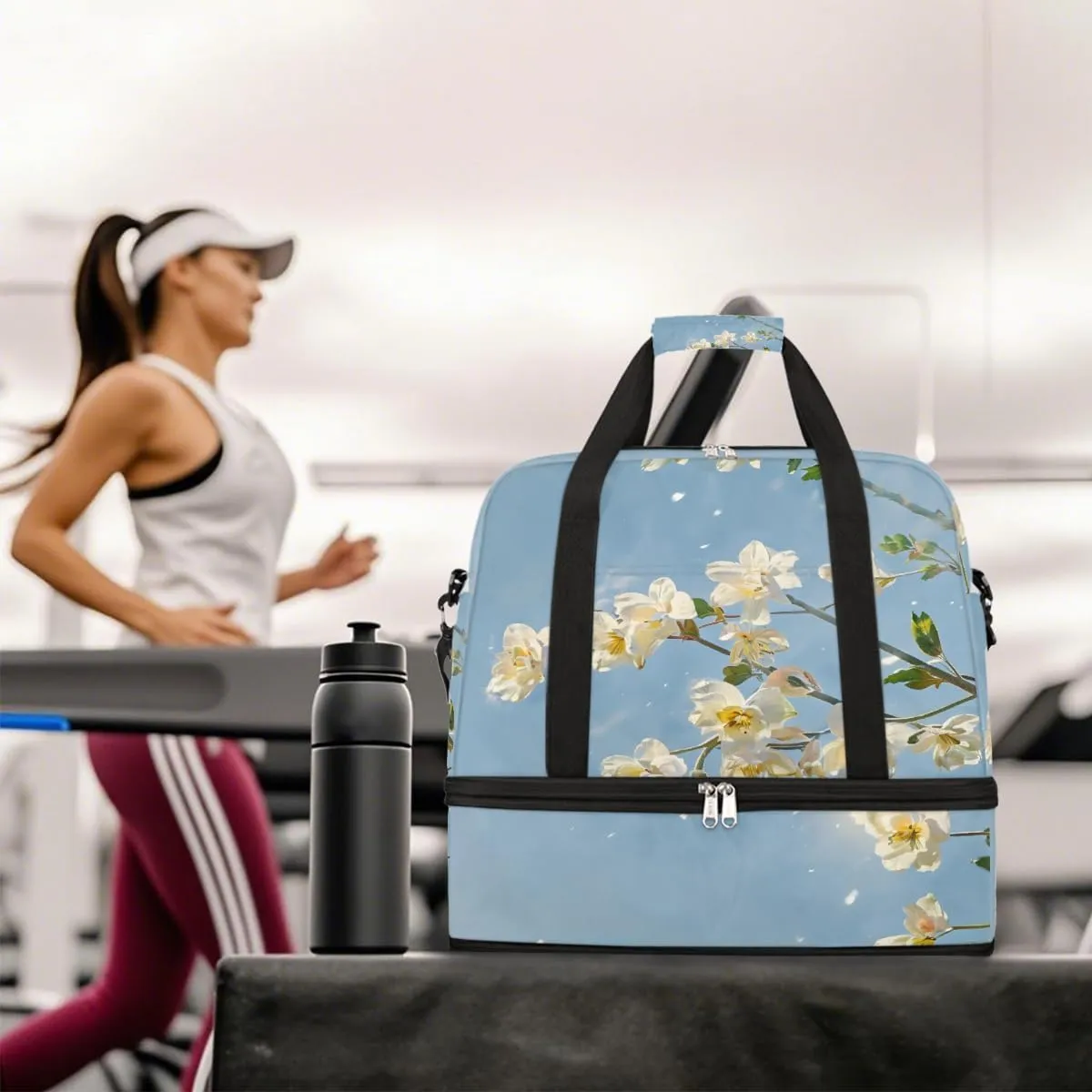 Sports Gym Bag Oil Painting Flower Blue Large Travel Duffel Bag With Shoe Compartment Foldable Waterproof Carry-On Weekend Travel Bags for Camping Overnight Yoga Hospital Travel Bags