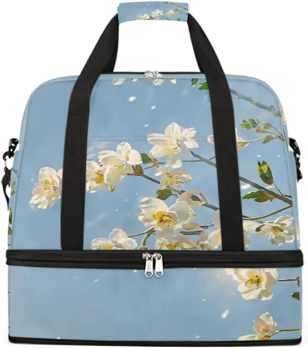 Sports Gym Bag Oil Painting Flower Blue Large Travel Duffel Bag With Shoe Compartment Foldable Waterproof Carry-On Weekend Travel Bags for Camping Overnight Yoga Hospital Travel Bags