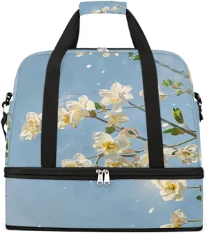 Sports Gym Bag Oil Painting Flower Blue Large Travel Duffel Bag With Shoe Compartment Foldable Waterproof Carry-On Weekend Travel Bags for Camping Overnight Yoga Hospital Travel Bags
