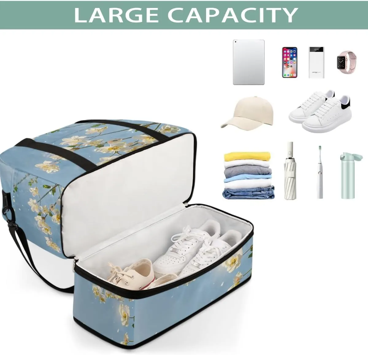 Sports Gym Bag Oil Painting Flower Blue Large Travel Duffel Bag With Shoe Compartment Foldable Waterproof Carry-On Weekend Travel Bags for Camping Overnight Yoga Hospital Travel Bags