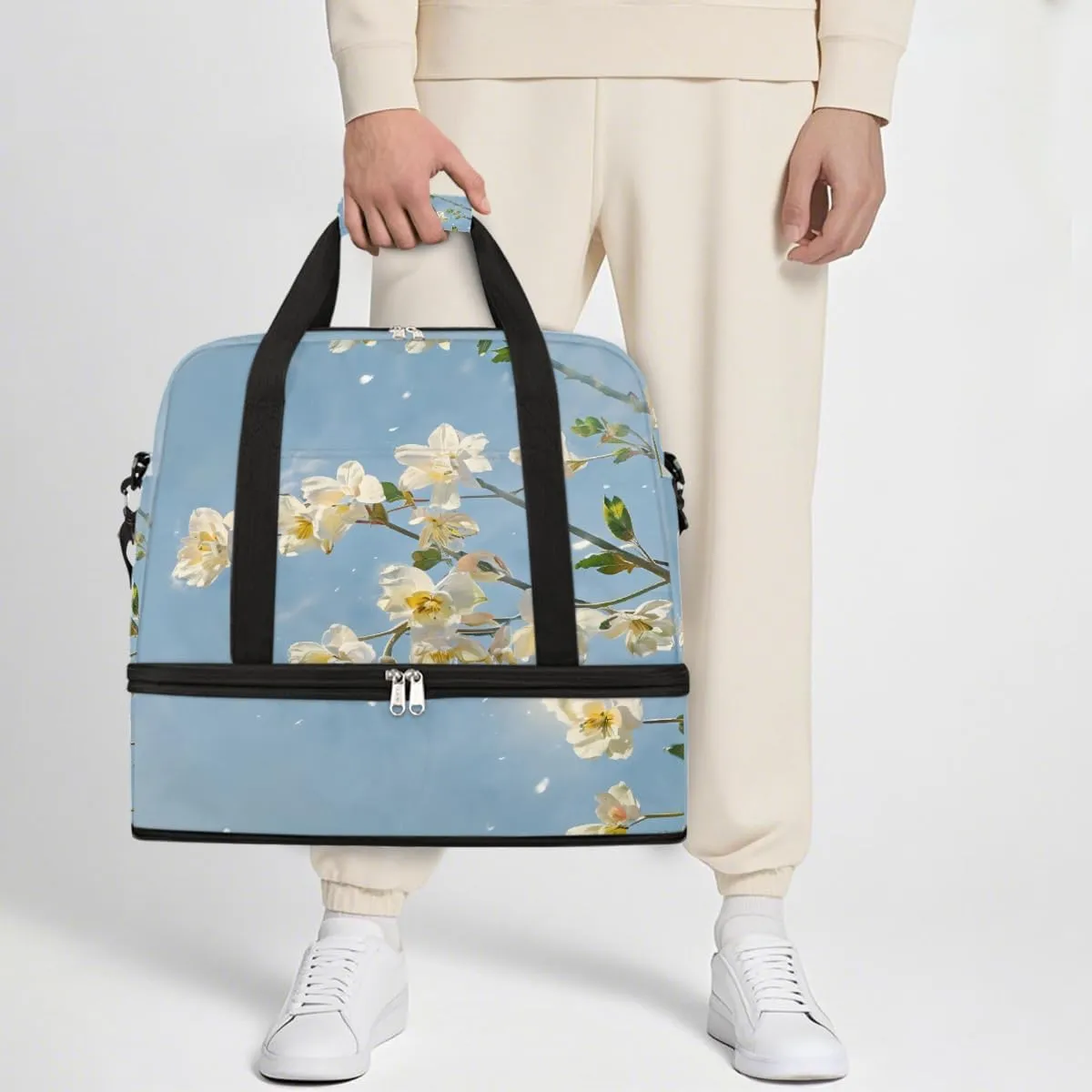 Sports Gym Bag Oil Painting Flower Blue Large Travel Duffel Bag With Shoe Compartment Foldable Waterproof Carry-On Weekend Travel Bags for Camping Overnight Yoga Hospital Travel Bags