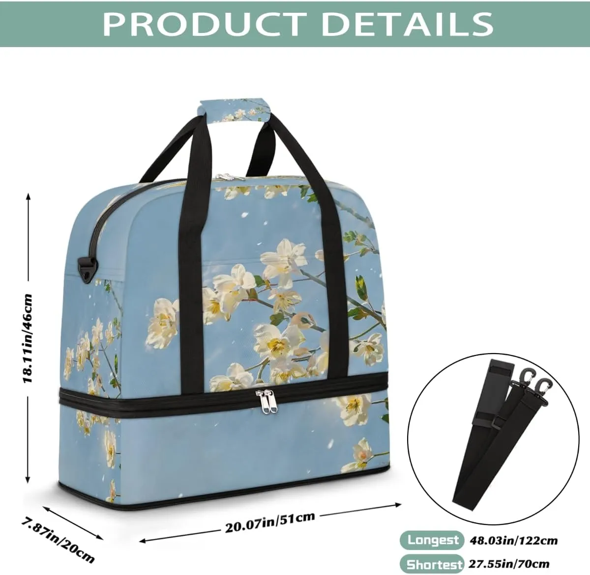 Sports Gym Bag Oil Painting Flower Blue Large Travel Duffel Bag With Shoe Compartment Foldable Waterproof Carry-On Weekend Travel Bags for Camping Overnight Yoga Hospital Travel Bags