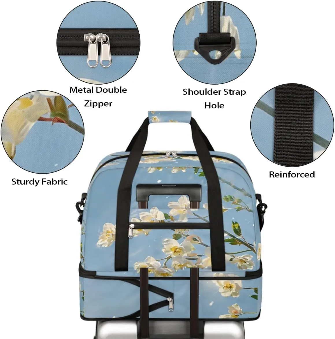 Sports Gym Bag Oil Painting Flower Blue Large Travel Duffel Bag With Shoe Compartment Foldable Waterproof Carry-On Weekend Travel Bags for Camping Overnight Yoga Hospital Travel Bags