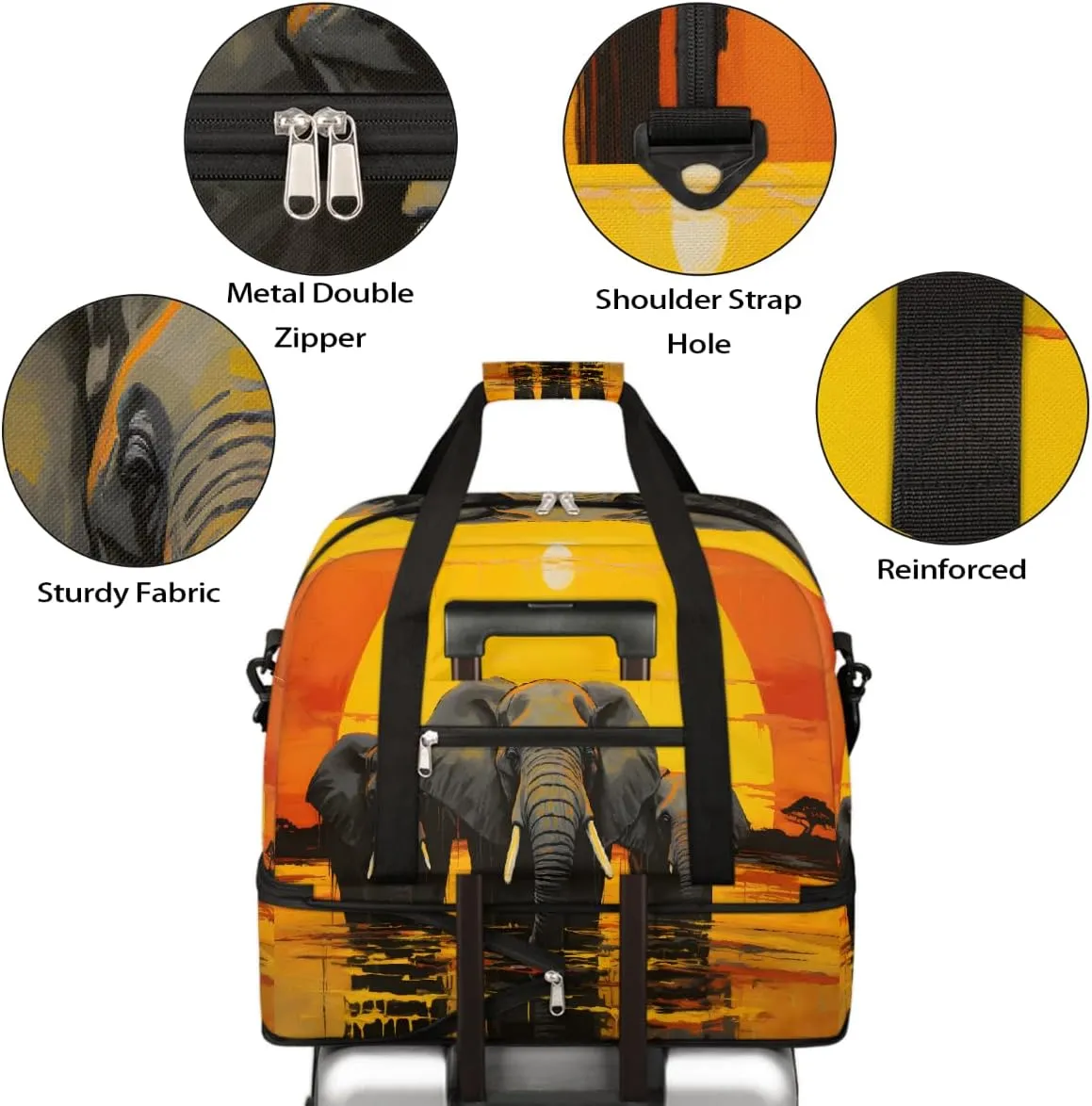 Sports Gym Bag Sunset Elephant Oil Painting Large Travel Duffel Bag With Shoe Compartment Foldable Waterproof Carry-On Weekend Travel Bags for Camping Overnight Yoga Hospital Travel Bags