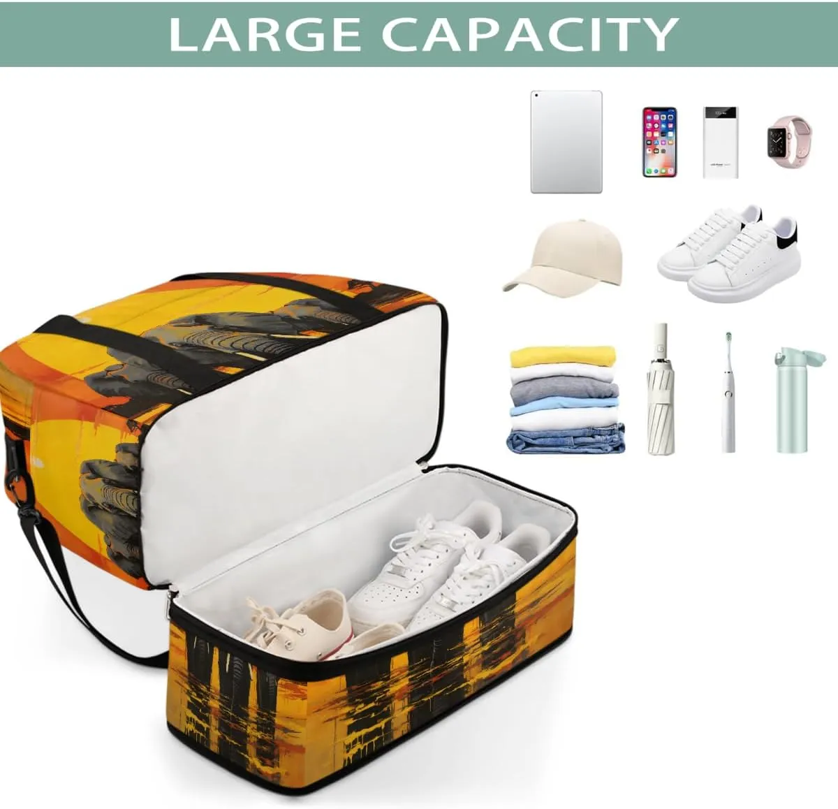 Sports Gym Bag Sunset Elephant Oil Painting Large Travel Duffel Bag With Shoe Compartment Foldable Waterproof Carry-On Weekend Travel Bags for Camping Overnight Yoga Hospital Travel Bags
