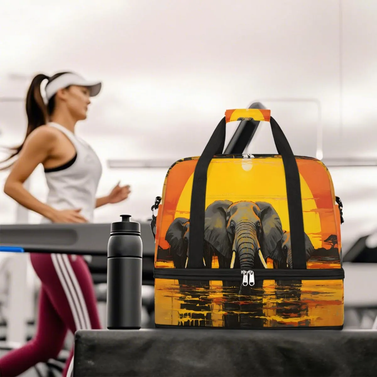 Sports Gym Bag Sunset Elephant Oil Painting Large Travel Duffel Bag With Shoe Compartment Foldable Waterproof Carry-On Weekend Travel Bags for Camping Overnight Yoga Hospital Travel Bags