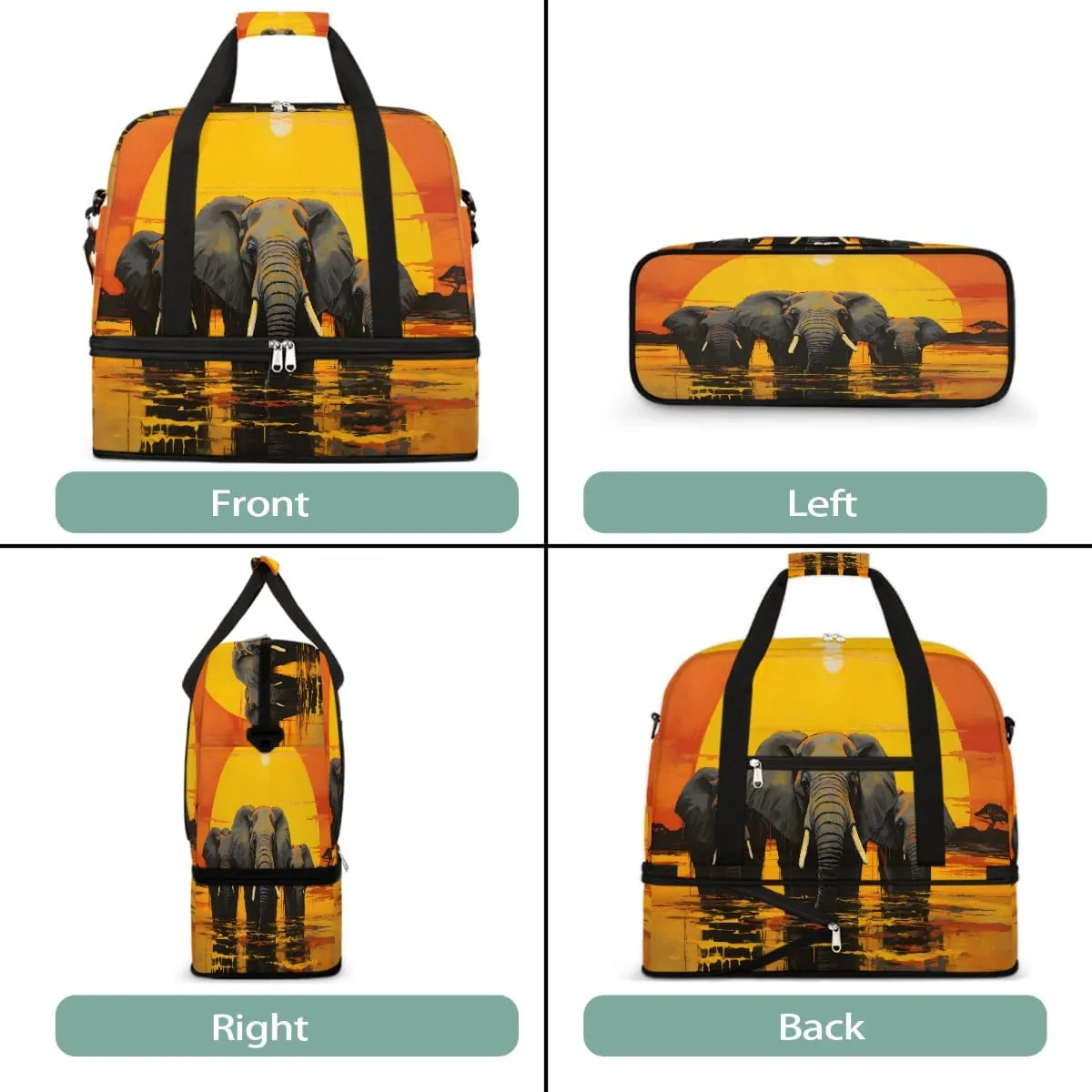 Sports Gym Bag Sunset Elephant Oil Painting Large Travel Duffel Bag With Shoe Compartment Foldable Waterproof Carry-On Weekend Travel Bags for Camping Overnight Yoga Hospital Travel Bags