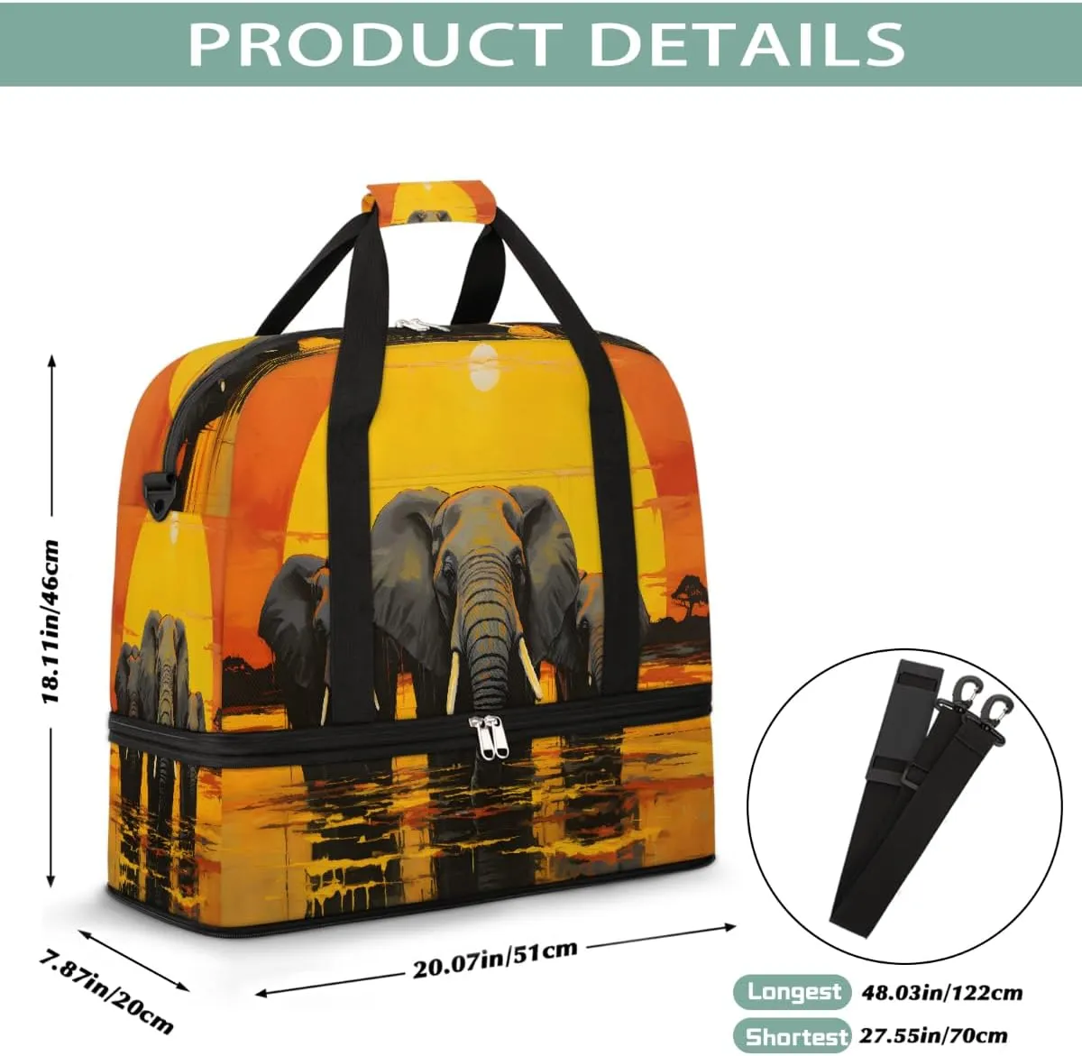 Sports Gym Bag Sunset Elephant Oil Painting Large Travel Duffel Bag With Shoe Compartment Foldable Waterproof Carry-On Weekend Travel Bags for Camping Overnight Yoga Hospital Travel Bags
