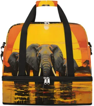 Sports Gym Bag Sunset Elephant Oil Painting Large Travel Duffel Bag With Shoe Compartment Foldable Waterproof Carry-On Weekend Travel Bags for Camping Overnight Yoga Hospital Travel Bags