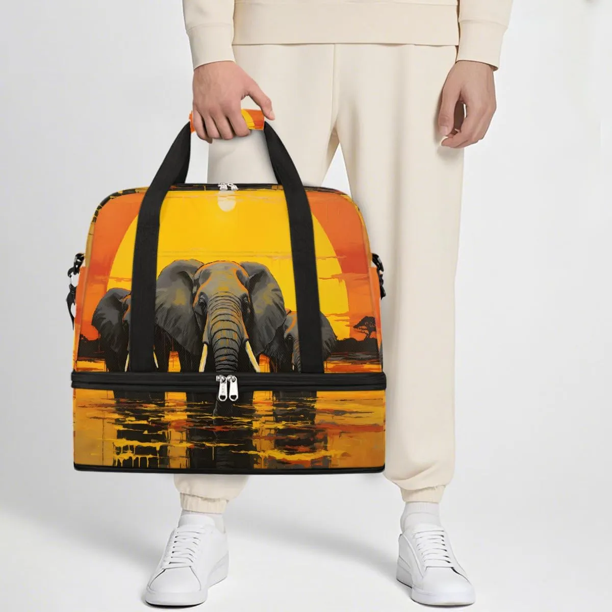 Sports Gym Bag Sunset Elephant Oil Painting Large Travel Duffel Bag With Shoe Compartment Foldable Waterproof Carry-On Weekend Travel Bags for Camping Overnight Yoga Hospital Travel Bags