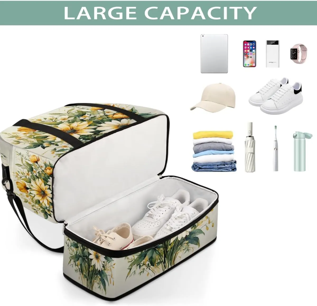 Sports Gym Bag Vintage Spring Bouquet Large Travel Duffel Bag With Shoe Compartment Foldable Waterproof Carry-On Weekend Travel Bags for Camping Overnight Yoga Hospital Travel Bags