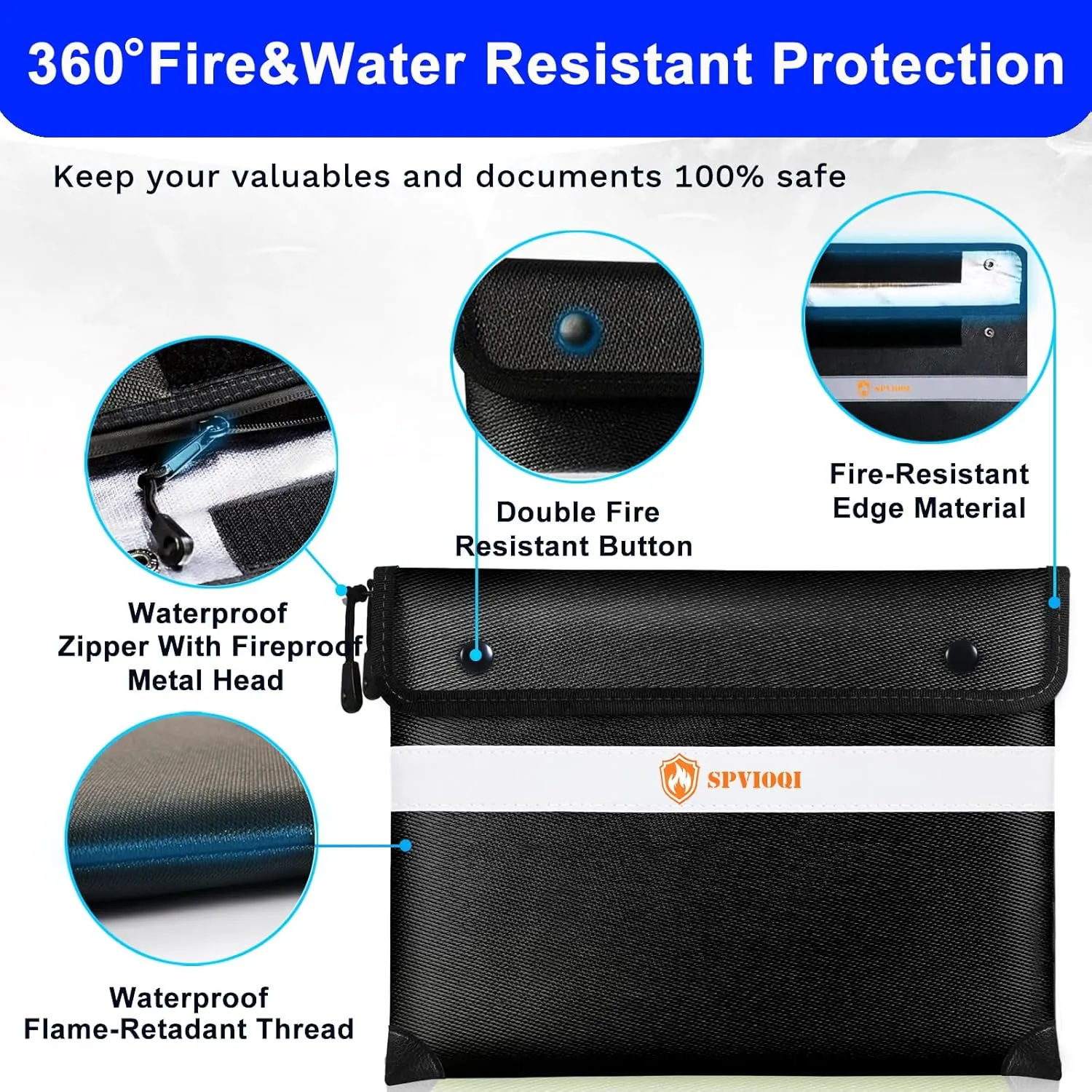 SPVIOQI Upgraded 5200°F Fireproof Document Bag, Fireproof Bag with Zipper/Reflective Strip, 8 Layers of Heat Insulated Materials, Fireproof Money Bag for Cash/Documents, Water Resistant Fire proof Bag