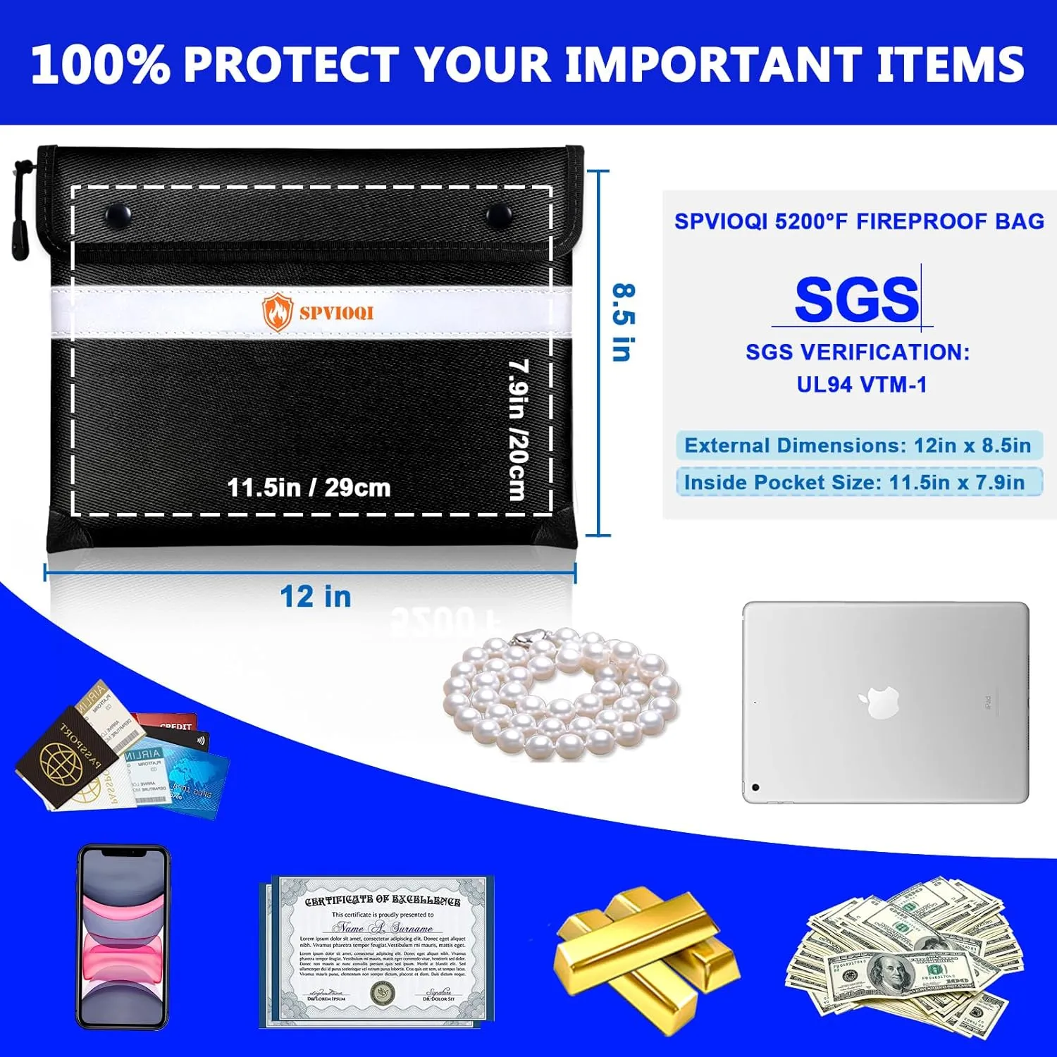 SPVIOQI Upgraded 5200°F Fireproof Document Bag, Fireproof Bag with Zipper/Reflective Strip, 8 Layers of Heat Insulated Materials, Fireproof Money Bag for Cash/Documents, Water Resistant Fire proof Bag
