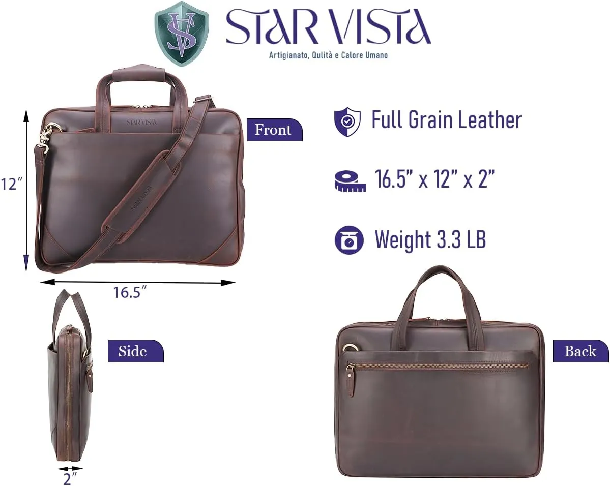 STAR VISTA Vittorio Slim Laptop Messenger Bag, 15.6" Full Grain Leather Business Briefcase for Men, Dark Brown, YKK Zippers
