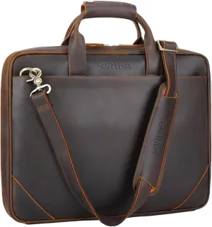 STAR VISTA Vittorio Slim Laptop Messenger Bag, 15.6" Full Grain Leather Business Briefcase for Men, Dark Brown, YKK Zippers