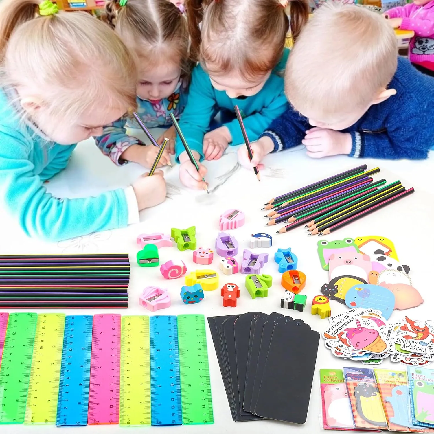 Stationery Party Favors for Kids, 24 Pack Stationery Return Gifts With Pencils Rulers Erasers Sticky Notes For Birthday Goodie Bags School Classroom Rewards