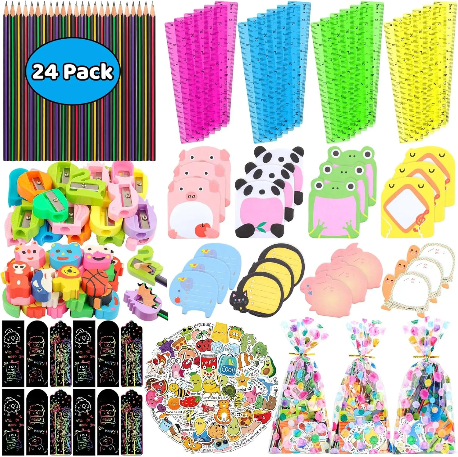 Stationery Party Favors for Kids, 24 Pack Stationery Return Gifts With Pencils Rulers Erasers Sticky Notes For Birthday Goodie Bags School Classroom Rewards