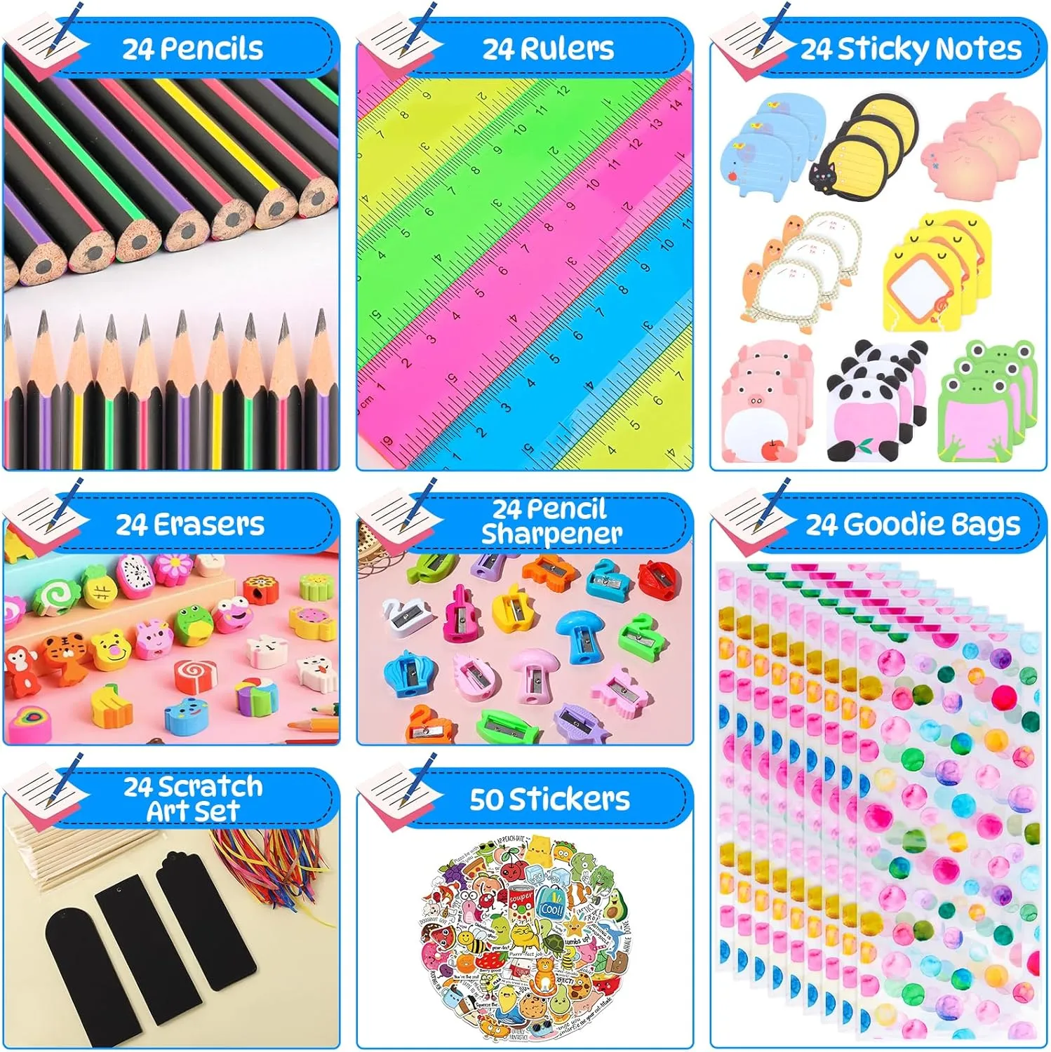 Stationery Party Favors for Kids, 24 Pack Stationery Return Gifts With Pencils Rulers Erasers Sticky Notes For Birthday Goodie Bags School Classroom Rewards