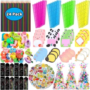 Stationery Party Favors for Kids, 24 Pack Stationery Return Gifts With Pencils Rulers Erasers Sticky Notes For Birthday Goodie Bags School Classroom Rewards