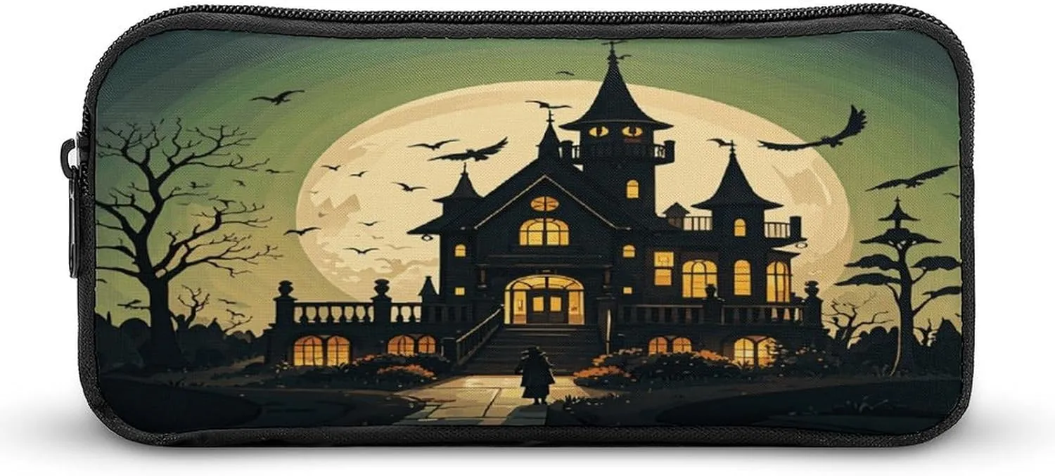 Stylish Large Pencil Case Black Haunted Mansion Printed, Big Capacity Pencil Pouch Stationery Pen Bag, Storage High Capacity Bag Pouch Holder Box Organizer, Marker Pen Case for Women & Men