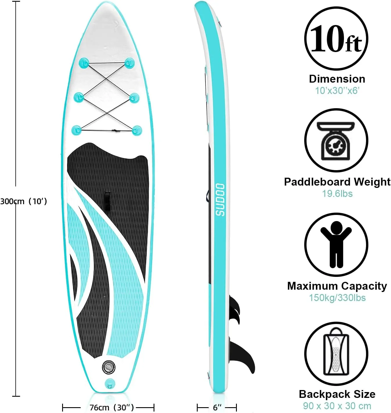SUDOO 10FT Ultra-Light Inflatable SUP | 10'×30'' Compact Design | Non-Slip EVA Deck | Stable for Youth & Adults | Full SUP Accessories Set (Paddle, Leash, Pump)