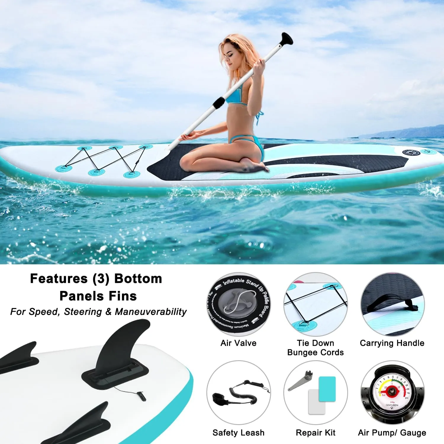 SUDOO 10FT Ultra-Light Inflatable SUP | 10'×30'' Compact Design | Non-Slip EVA Deck | Stable for Youth & Adults | Full SUP Accessories Set (Paddle, Leash, Pump)