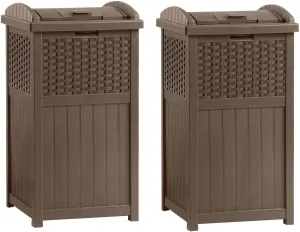 Suncast 2 Pack 33 Gallon Commercial Outdoor Trashcan Hideaway with Lid for 30 to 33 Gallon Trash Bags for Garage, Backyard, or Garden, Brown