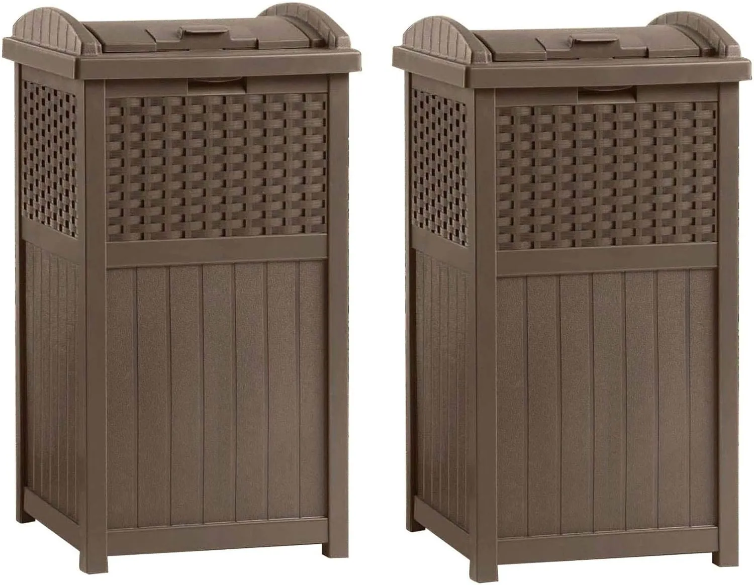 Suncast 2 Pack 33 Gallon Commercial Outdoor Trashcan Hideaway with Lid for 30 to 33 Gallon Trash Bags for Garage, Backyard, or Garden, Brown