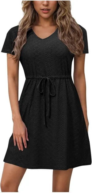 Sundresses for Women 2025 Beach Vacation Cover Ups Eyelet Tshirt Dress Casual V-Neck Drawstring Slit Flowy Mini Dress