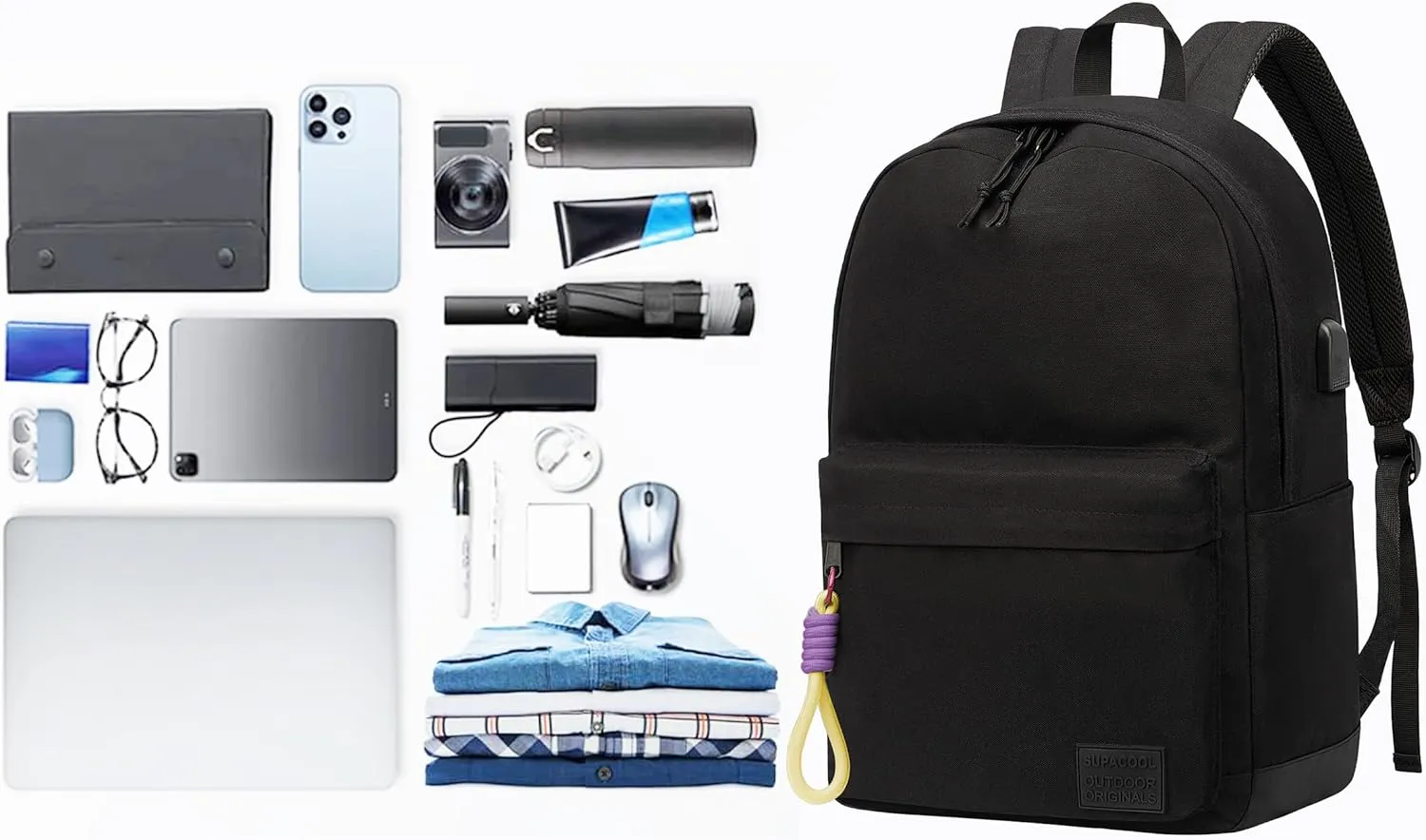 SUPACOOL Casual Laptop Backpack for Men and Women, Backpack for College, USB Charging Port, Lightweight Pack Back