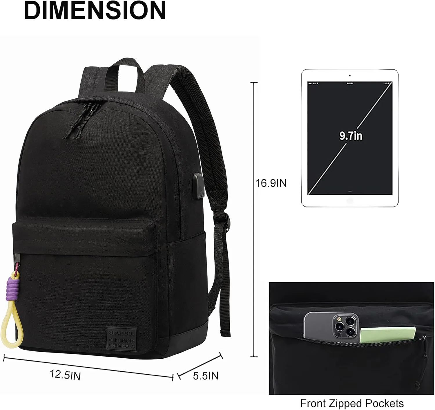 SUPACOOL Casual Laptop Backpack for Men and Women, Backpack for College, USB Charging Port, Lightweight Pack Back