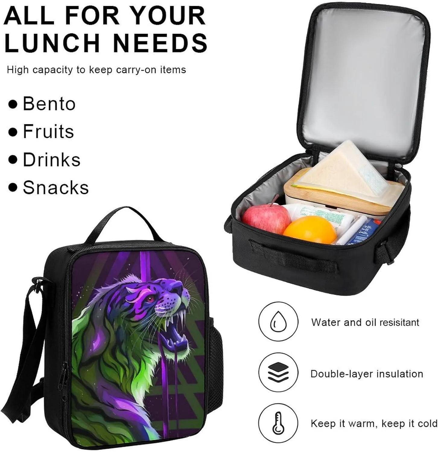 Supdreamc 3 Piece Daypack Large Capacity Bookbag Backpack for High Outdoors Running - Angry Tiger Rainbow Animal Magic Art, Travel Hiking Backpack,Lunch Bag and Pencil Bag, One Size