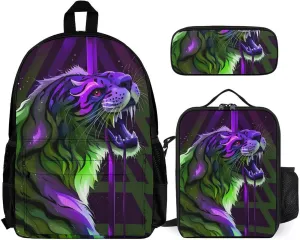 Supdreamc 3 Piece Daypack Large Capacity Bookbag Backpack for High Outdoors Running - Angry Tiger Rainbow Animal Magic Art, Travel Hiking Backpack,Lunch Bag and Pencil Bag, One Size