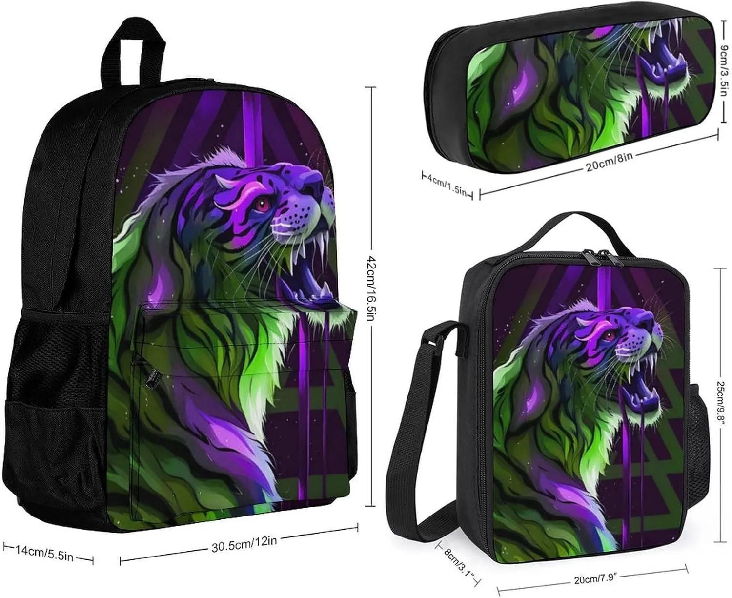 Supdreamc 3 Piece Daypack Large Capacity Bookbag Backpack for High Outdoors Running - Angry Tiger Rainbow Animal Magic Art, Travel Hiking Backpack,Lunch Bag and Pencil Bag, One Size