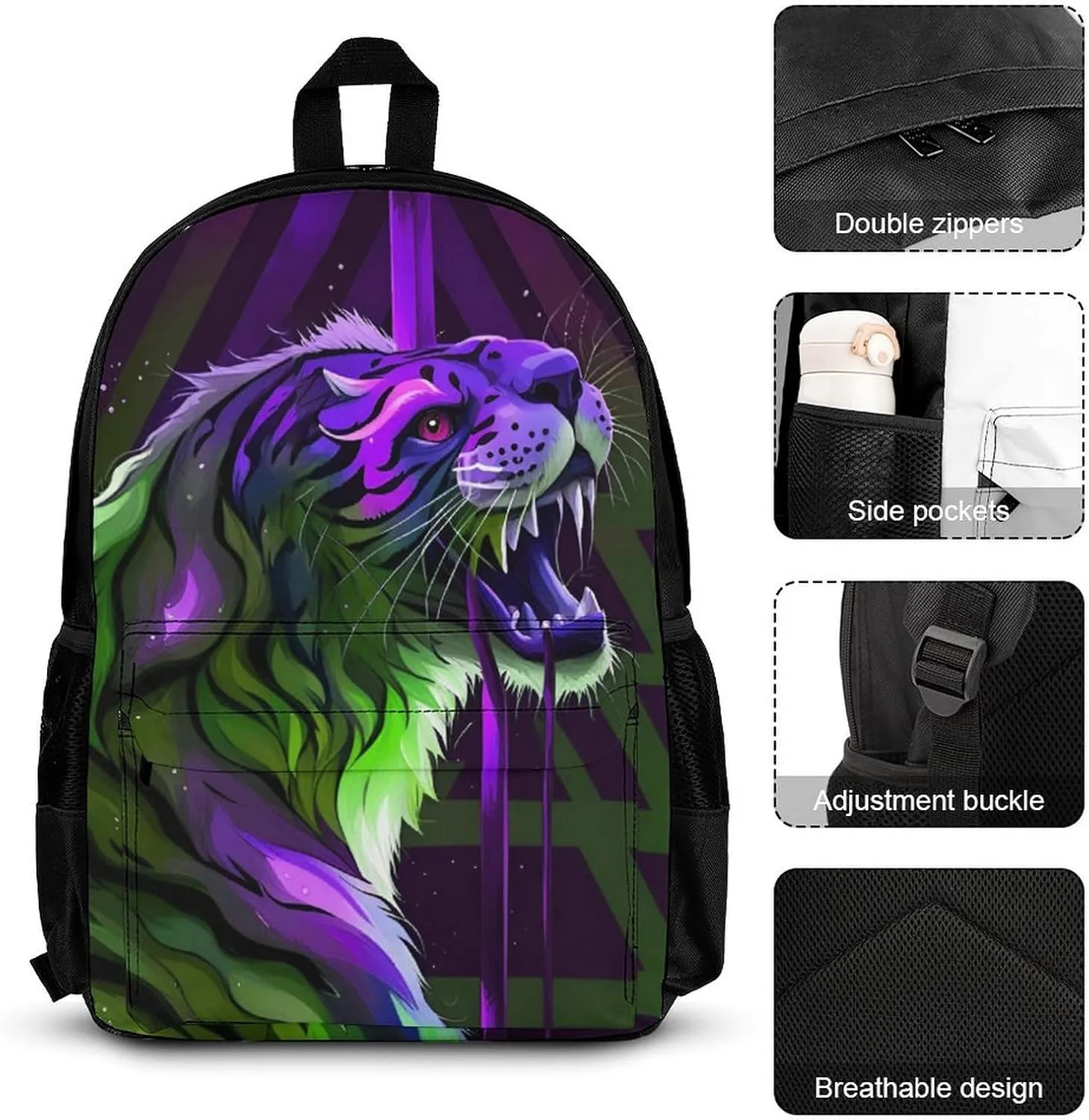 Supdreamc 3 Piece Daypack Large Capacity Bookbag Backpack for High Outdoors Running - Angry Tiger Rainbow Animal Magic Art, Travel Hiking Backpack,Lunch Bag and Pencil Bag, One Size