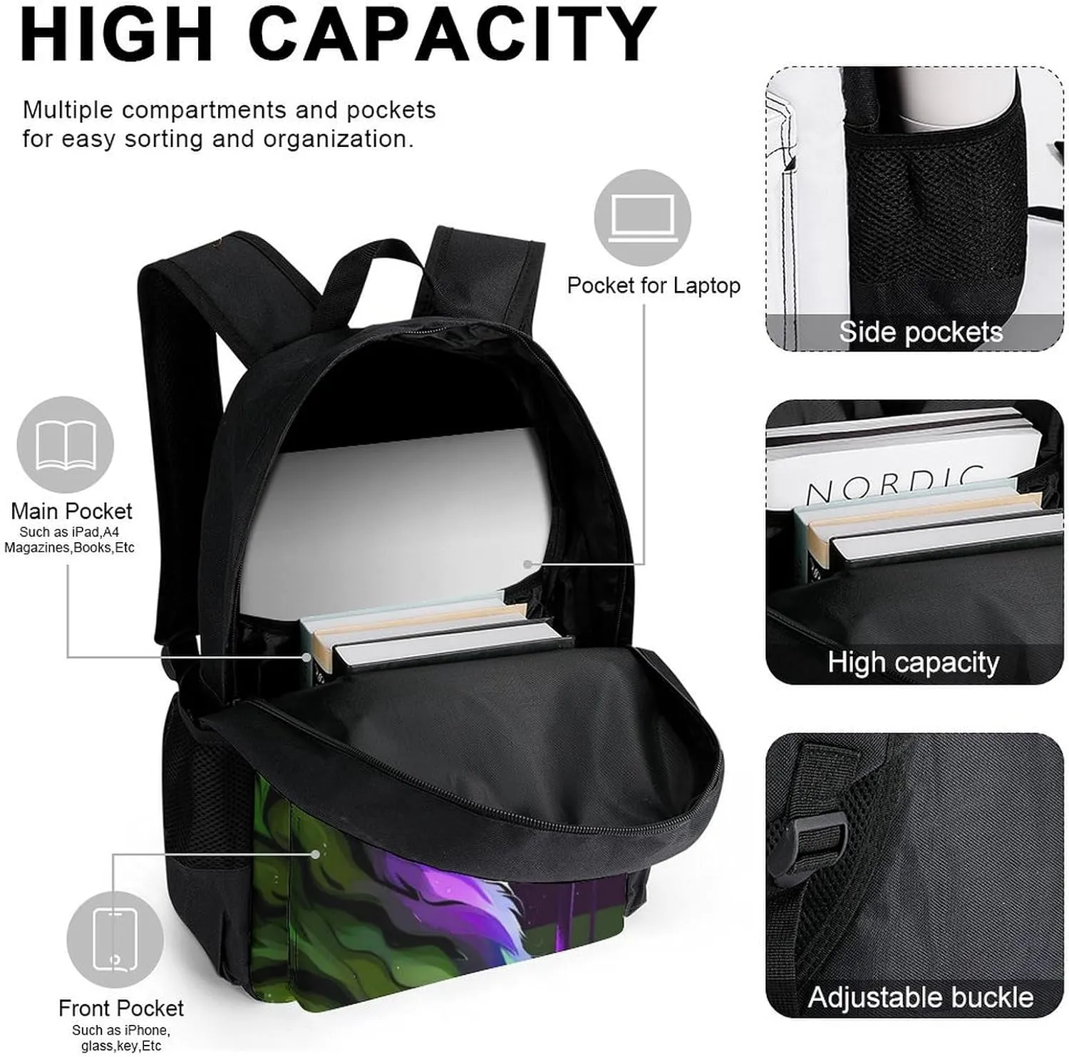 Supdreamc 3 Piece Daypack Large Capacity Bookbag Backpack for High Outdoors Running - Angry Tiger Rainbow Animal Magic Art, Travel Hiking Backpack,Lunch Bag and Pencil Bag, One Size