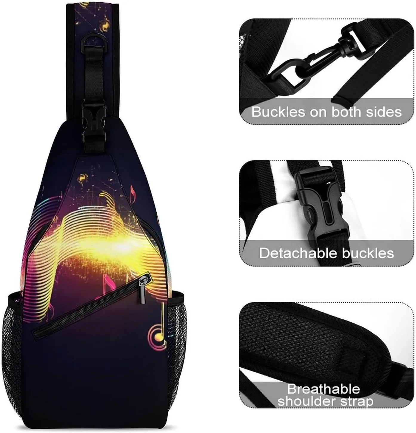 Supdreamc Sling Shoulder Backpack for Women Men Anti-Theft Multipurpose Outdoor Sport Daypack Travel Bag, Colorful Neon Music Notes Chest Day Bag Backpack