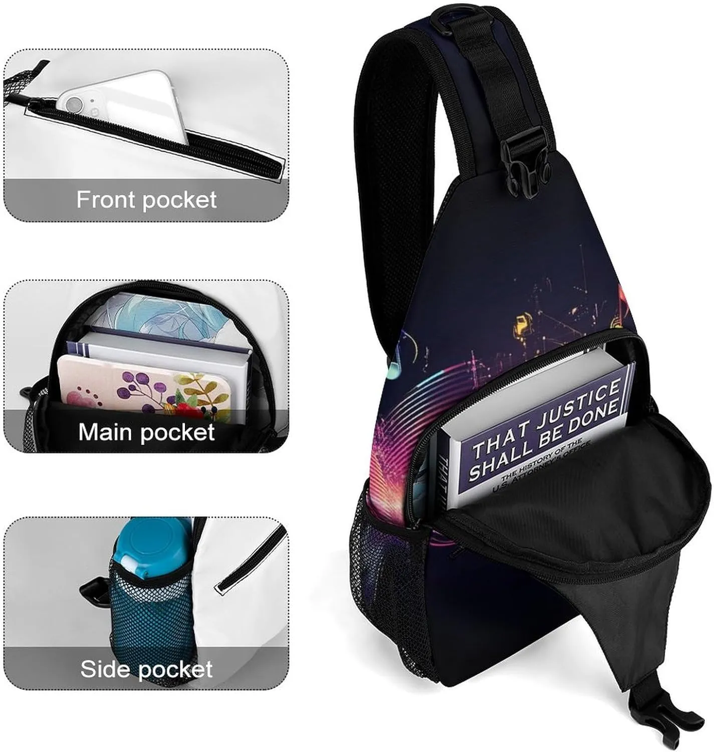 Supdreamc Sling Shoulder Backpack for Women Men Anti-Theft Multipurpose Outdoor Sport Daypack Travel Bag, Colorful Neon Music Notes Chest Day Bag Backpack
