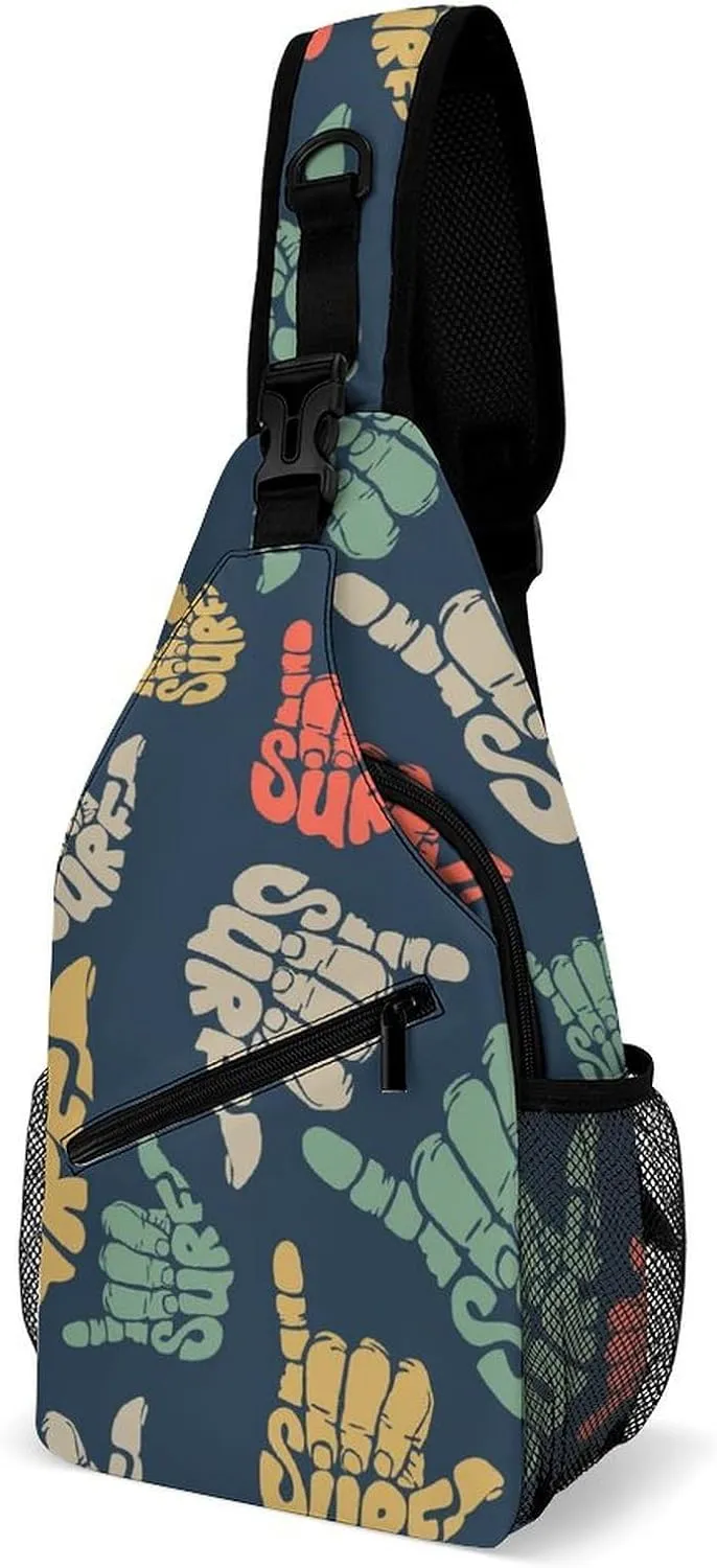 Surfing-hand-sign Texture Crossbody Sling Bag for Women Men Travel Chest Bag, Cycling Shoulder Backpack
