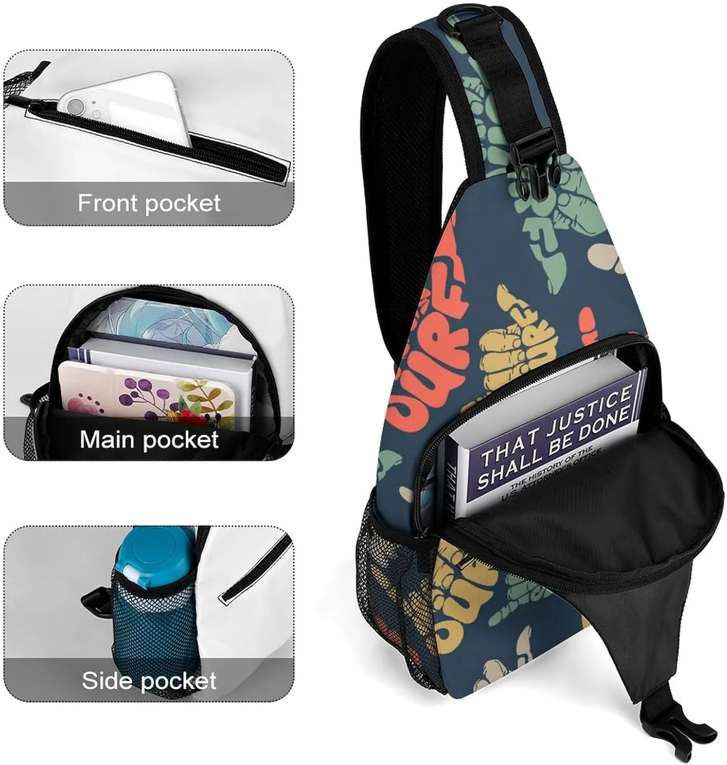 Surfing-hand-sign Texture Crossbody Sling Bag for Women Men Travel Chest Bag, Cycling Shoulder Backpack