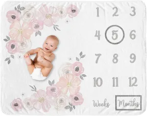 Sweet Jojo Designs Baby Monthly Milestone Blanket (Pink/Grey Boho Floral) for Girls, Infants/Newborn First Year Growth Mat, Baby Shower Memory, Keepsake Gift Picture (Watercolor, Farmhouse, Elegant)