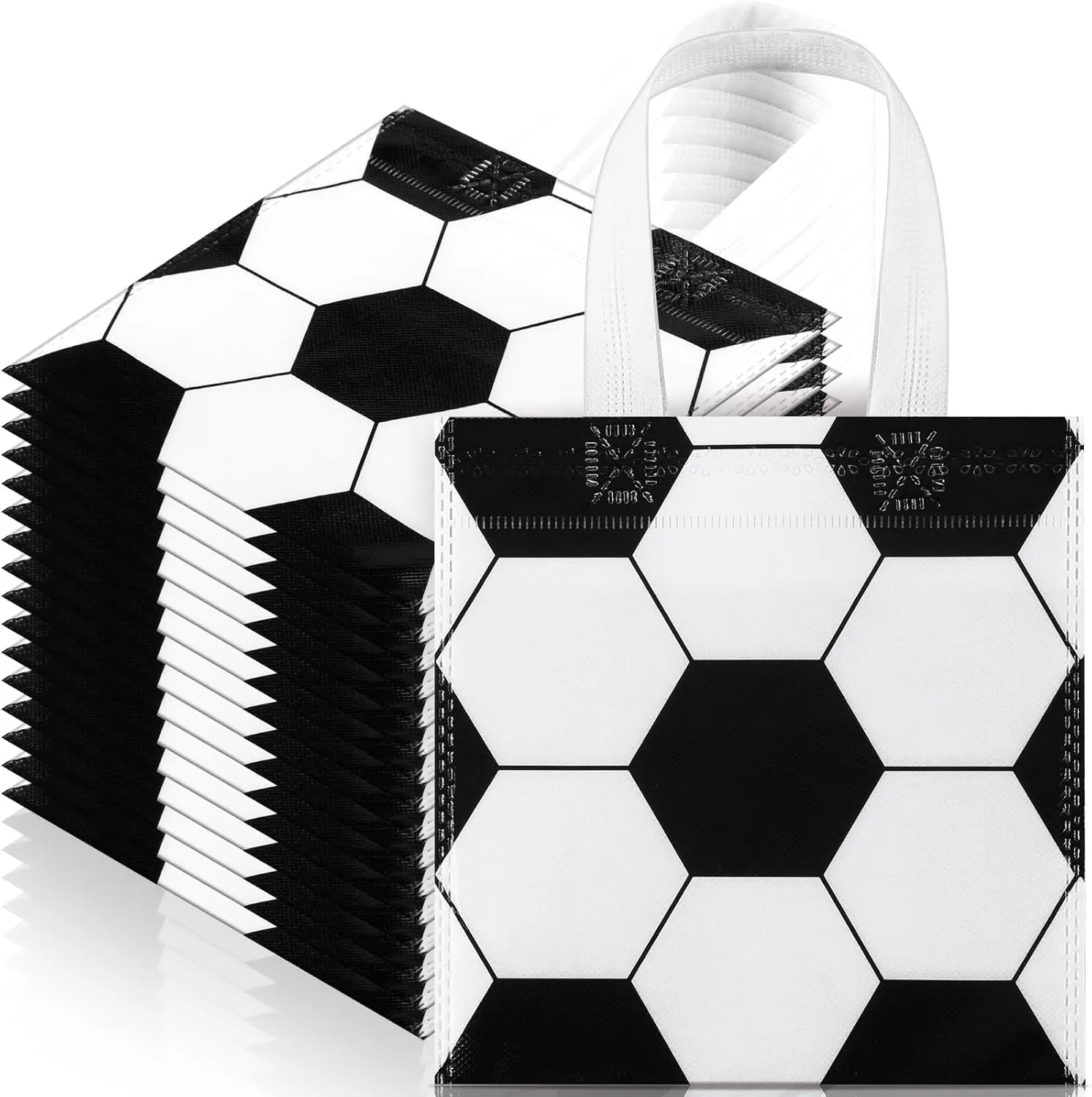 Sweetude 12 Pcs Soccer Party Gift Bags Sports Theme Candy Goodie Bags 7.8 x 7.8 Inch Soccer Non Woven Totes with Handles for Sports Party Favors Birthday Decor Supplies
